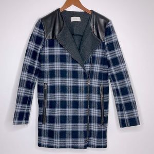 Zapa Wool Plaid Lambskin Leather Trimmed Long Coat Size 36 Small